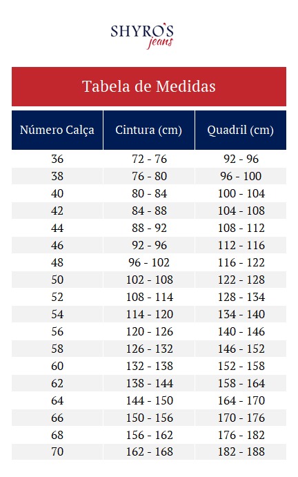 TABELA DE MEDIDAS